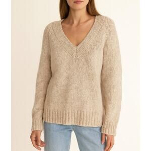 AMS Pure Collection Alpaca Wool Blend V-Neck Pullover Sweater Beige Small